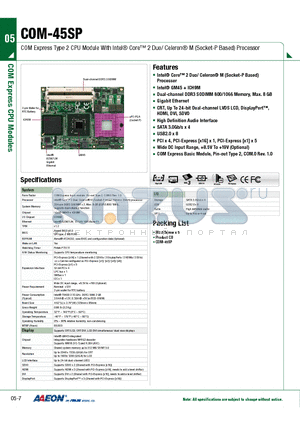 COM-45SP datasheet - COM Express Type 2 CPU Module With Intel Core 2 Duo/ Celeron M (Socket-P Based) Processor