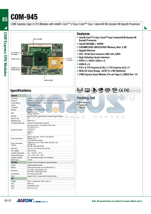 COM-945 datasheet - COM Express Type 2 CPU Module with Intel Core 2 Duo/ Core Duo/ Celeron M (Socket-M Based) Processor