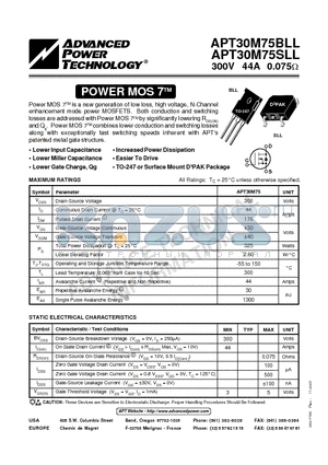 APT30M75BLL datasheet - Power MOS 7TM is a new generation of low loss, high voltage, N-Channel enhancement mode power MOSFETS.