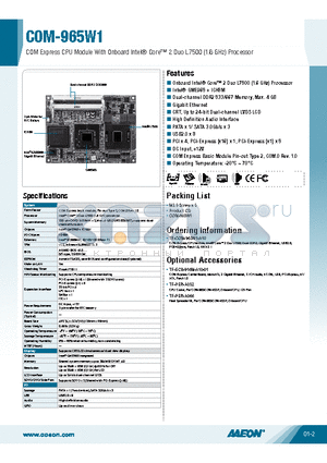 COM-965W1 datasheet - Onboard Intel^ Core 2 Duo L7500 (1.6 GHz) Processor