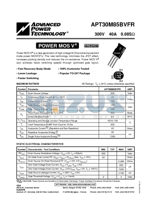 APT30M85BVFR datasheet - Power MOS V is a new generation of high voltage N-Channel enhancement mode power MOSFETs.