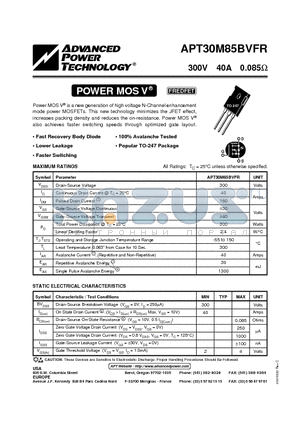 APT30M85 datasheet - Power MOS V is a new generation of high voltage N-Channel enhancement mode power MOSFETs.