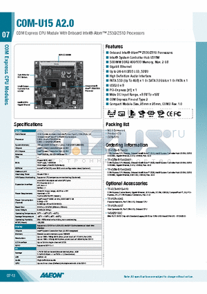 COM-U15A2.0 datasheet - COM Express CPU Module With Onboard Intel Atom Z530/Z510 Processors
