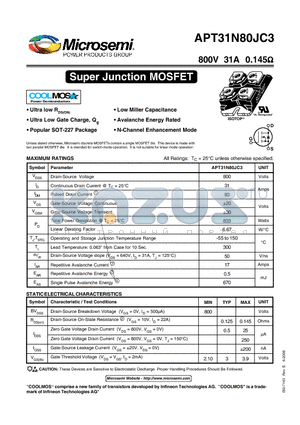 APT31N80JC3 datasheet - Super Junction MOSFET