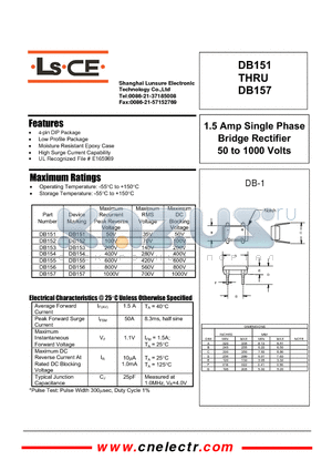 DB151 datasheet - 1.5 Amp single phase bridge rectifier 50to1000 volts