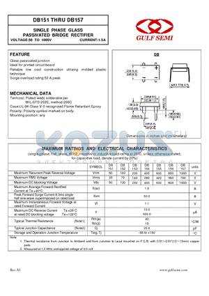 DB151 datasheet - SINGLE PHASE GLASS PASSIVATED BRIDGE RECTIFIER VOLTAGE:50 TO 1000V CURRENT:1.5A