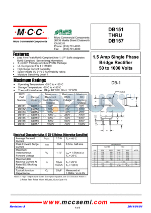 DB151 datasheet - 1.5 Amp Single Phase Bridge Rectifier 50 to 1000 Volts