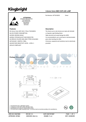 APT3216ZGC datasheet - 3.2mmx1.6mm SMD CHIP LED LAMP