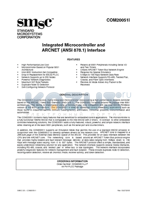 COM20051I datasheet - Integrated Microcontroller and ARCNET (ANSI 878.1) Interface