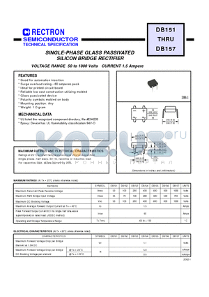 DB152 datasheet - SINGLE-PHASE GLASS PASSIVATED SILICON BRIDGE RECTIFIER
