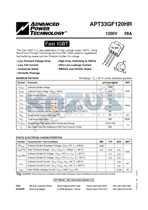 APT33GF120HR datasheet - The Fast IGBT is a new generation of high voltage power IGBTs