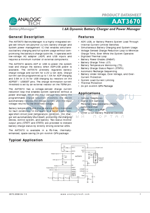 AAT3670 datasheet - 1.6A Dynamic Battery Charger and Power Manager