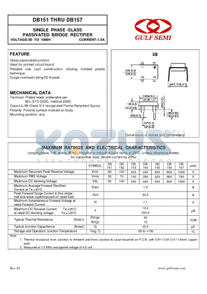 DB152 datasheet - SINGLE PHASE GLASS PASSIVATED BRIDGE RECTIFIER VOLTAGE:50 TO 1000V CURRENT:1.5A