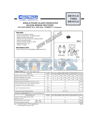 DB152LS datasheet - SINGLE-PHASE GLASS PASSIVATED SILICON BRIDGE RECTIFIER VOLTAGE RANGE 50 to 1000 Volts CURRENT 1.5 Amperes