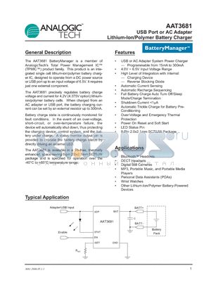 AAT3681 datasheet - USB Port or AC Adapter Lithium-Ion/Polymer Battery Charger
