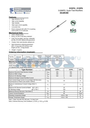 31DF4_13 datasheet - 3.0AMPS. Super Fast Rectifiers High efficiency, low VF