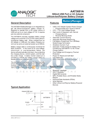 AAT3681AIJS-4.2-T1 datasheet - 500mA USB Port or AC Adapter Lithium-Ion/Polymer Battery Charger