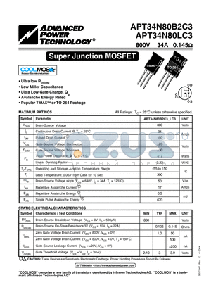 APT34N80B2C3 datasheet - Super Junction MOSFET
