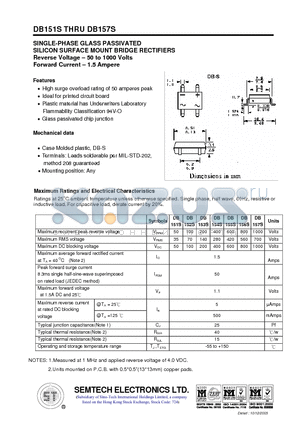 DB152S datasheet - SINGLE-PHASE GLASS PASSIVATED SILICON SURFACE MOUNT BRIDGE RECTIFIERS