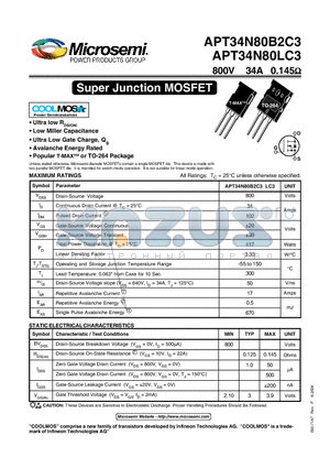 APT34N80LC3 datasheet - Super Junction MOSFET