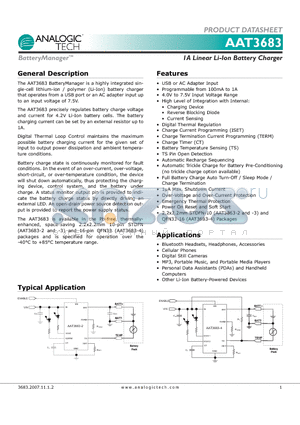 AAT3683 datasheet - 1A Linear Li-Ion Battery Charger