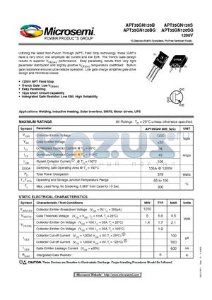 APT35GN120S datasheet - Utilizing the latest Non-Punch Through (NPT) Field Stop technology