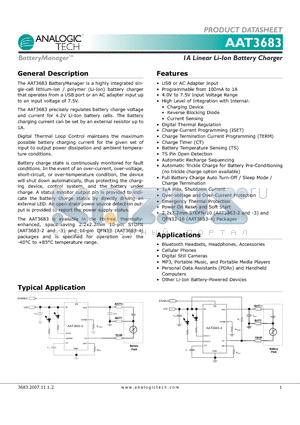 AAT3683-3 datasheet - 1A Linear Li-Ion Battery Charger