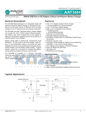 AAT3684IOQ-4.2-T1 datasheet - 500mA USB Port or AC Adapter Lithium-Ion/Polymer Battery Charger