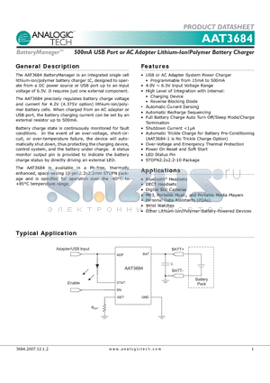 AAT3684 datasheet - 500mA USB Port or AC Adapter Lithium-Ion/Polymer Battery Charger