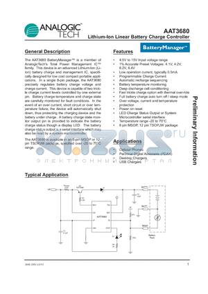 AAT3680ITP-8.2-T1 datasheet - Lithium-Ion Linear Battery Charge Controller