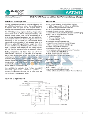 AAT3686-3 datasheet - USB Port/AC Adapter Lithium-Ion/Polymer Battery Charger