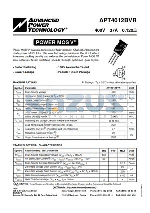 APT4012BVR datasheet - Power MOS V is a new generation of high voltage N-Channel enhancement mode power MOSFETs.