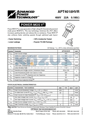 APT4018HVR datasheet - Power MOS V is a new generation of high voltage N-Channel enhancement mode power MOSFETs.