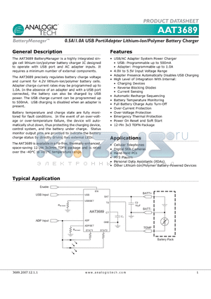 AAT3689IWP-4.2-T1 datasheet - 0.5A/1.0A USB Port/Adapter Lithium-Ion/Polymer Battery Charger