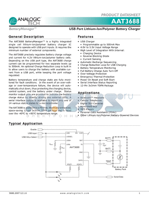 AAT3688IWP-4.2-T1 datasheet - USB Port Lithium-Ion/Polymer Battery Charger