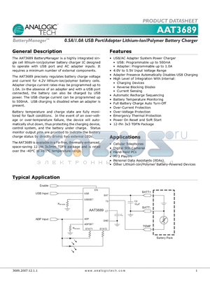 AAT3689 datasheet - 0.5A/1.0A USB Port/Adapter Lithium-Ion/Polymer Battery Charger