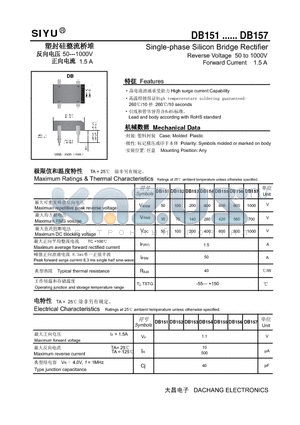 DB156 datasheet - Single-phase Silicon Bridge Rectifier Reverse Voltage 50 to 1000V Forward Current 1.5 A