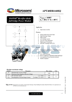 APT40DR160HJ datasheet - ISOTOP Rectifier diode full bridge Power Module