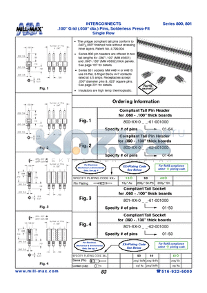 800-10-001-62-001000 datasheet - INTERCONNECTS .100 Grid (.030 dia.) Pins, Solderless Press-Fit Single Row