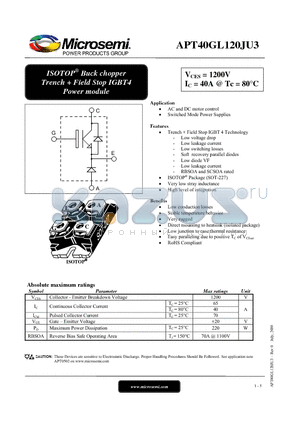 APT40GL120JU3 datasheet - ISOTOP^ Buck chopper Trench  Field Stop IGBT4 Power module