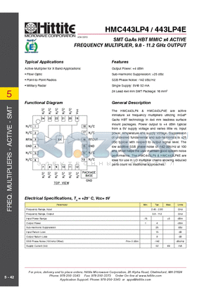 443LP4E datasheet - SMT GaAs HBT MMIC x4 ACTIVE FREQUENCY MULTIPLIER, 9.8 - 11.2 GHz OUTPUT