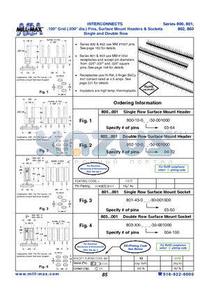 800-10-064-30-001000 datasheet - INTERCONNECTS .100 Grid (.030 dia.) Pins, Surface Mount Headers & Sockets Single and Double Row