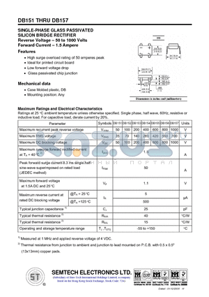 DB157 datasheet - SINGLE-PHASE GLASS PASSIVATED SILICON BRIDGE RECTIFIER