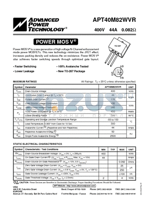 APT40M82WVR datasheet - Power MOS V is a new generation of high voltage N-Channel enhancement mode power MOSFETs.