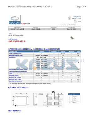 800-RF1575.42M-D datasheet - GPS, RF SAW Filter