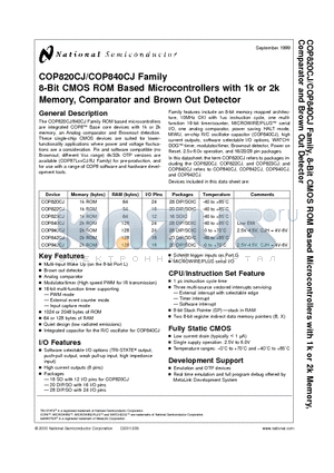 COP820 datasheet - 8-Bit CMOS ROM Based Microcontrollers with 1k or 2k Memory, Comparator and Brown Out Detector