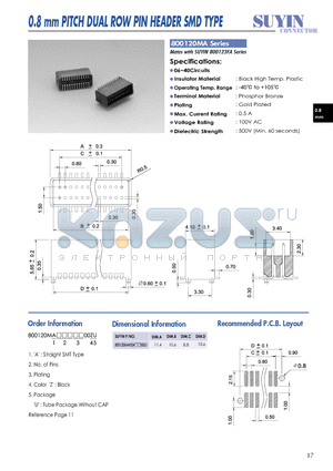 800120MA datasheet - 0.8 mm PITCH DUAL ROW PIN HEADER SMD TYPE