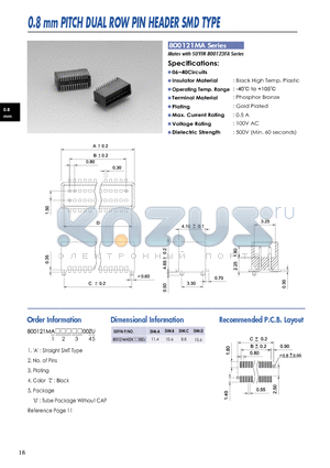 800121MA datasheet - 0.8 mm PITCH DUAL ROW PIN HEADER SMD TYPE