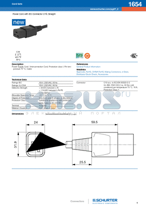 1654 datasheet - Power Cord with IEC Connector C19, Straight