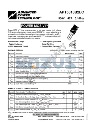 APT5010B2LC datasheet - Power MOS VI is a new generation of low gate charge, high voltage N-Channel enhancement mode power MOSFETs